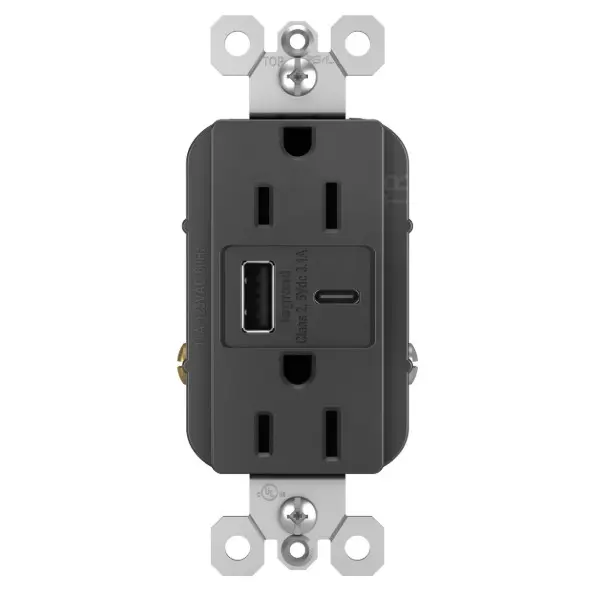 TOMA DOBLE USB TIPO A/C 2P 3H 15A 125V NEGRO RADIANT R26USBACBK