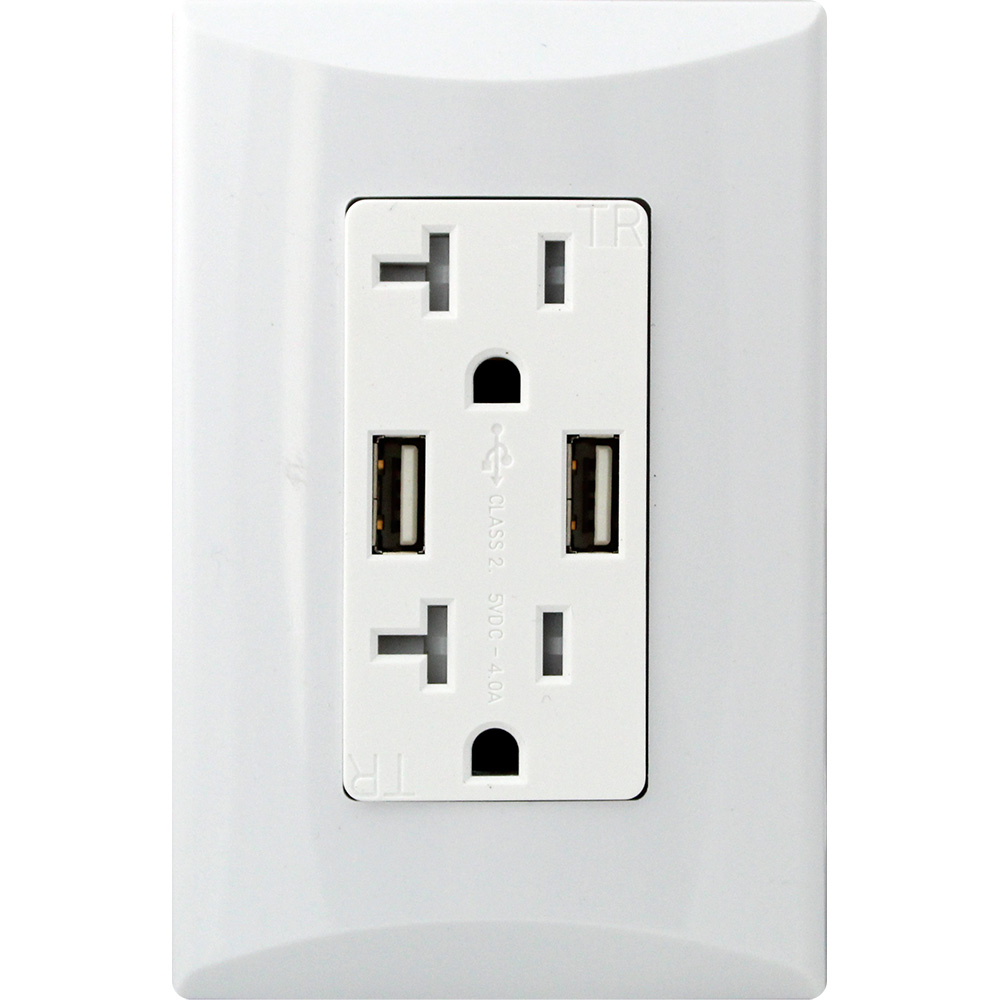 TOMA DOBLE USB TIPO A 2P 3H 20A 125V NEMA5-20R 4A PLATA BLANCO 1021-W