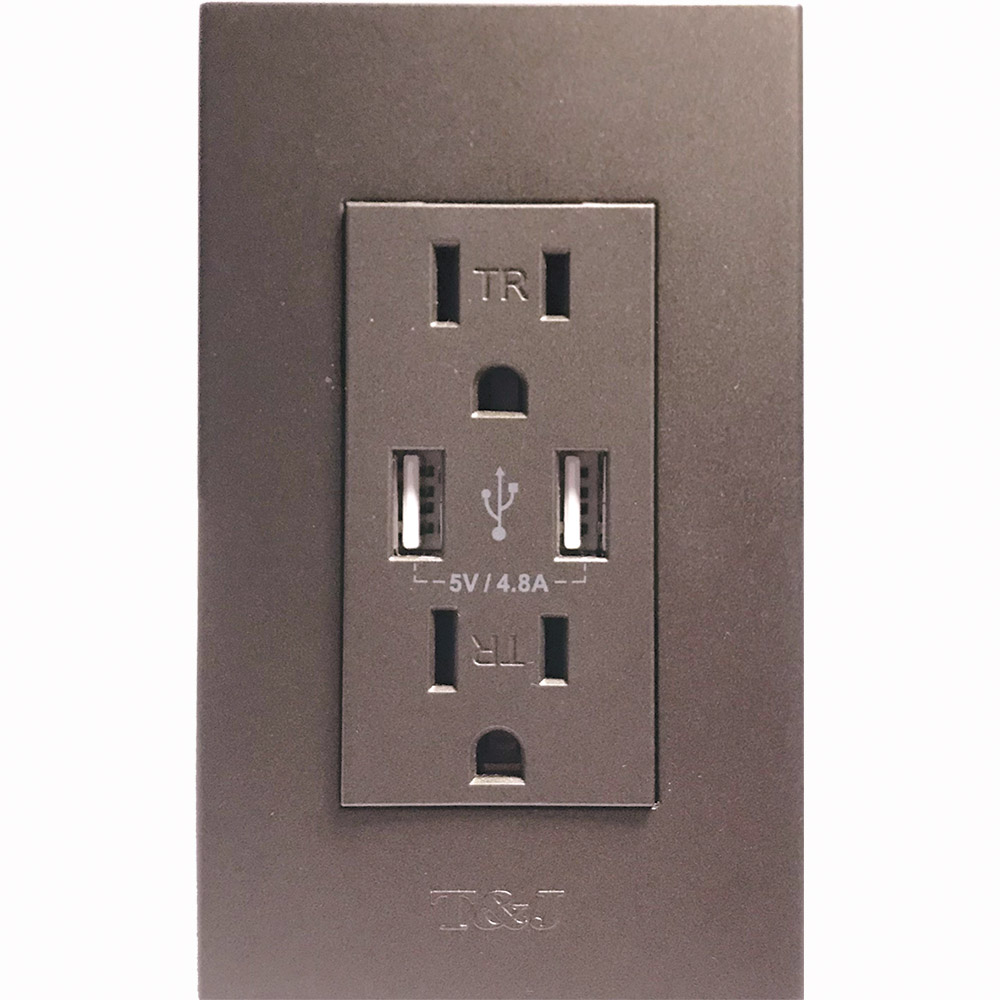 TOMA DOBLE USB TIPO A/A 2P 3H 15A 125V NEMA5-15R 4.8A NEGRO T&J 8054BK