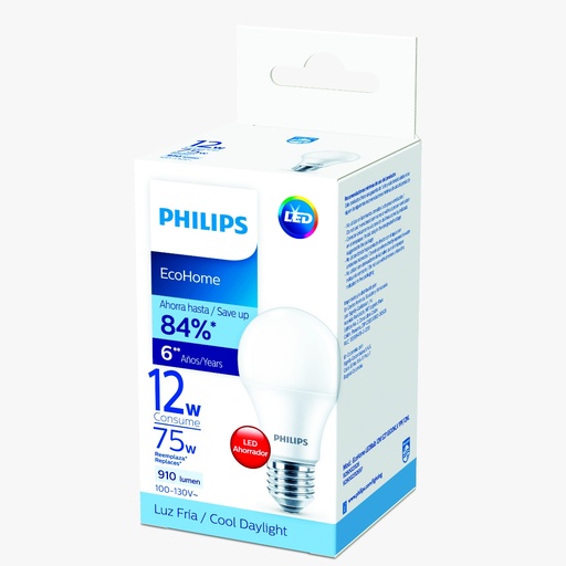 [3PH12697] BOMBILLO LED A19 E27 ECOHOME 12W 110-130V 910LM 6500K