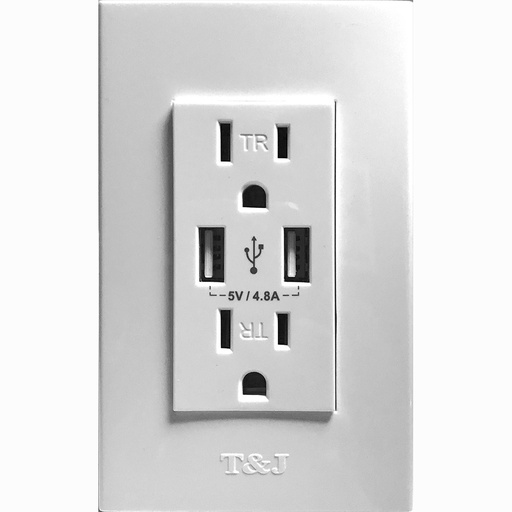 [E0254W] TOMA DOBLE USB TIPO A/A 2P 3H 15A 125V NEMA5-15R 4.8A BLANCO T&J 8054W