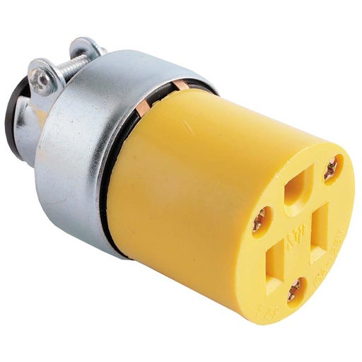 [E022887] TOMA EXTENSION C/ABRAZADERA 2P 3H 15A 125V NEMA 5-15R AMARILLO #2887.