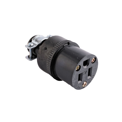 [E02252] TOMA EXTENSION C/ ABRAZADERA 2P 3H 15A 125V NEMA 5-15R NEGRO #222